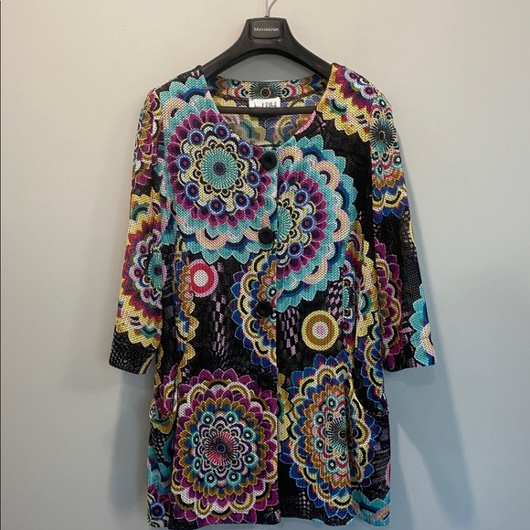 Joseph Ribkoff Multi-Colour Mandala Print Mesh Cardigan Size Large Artsy Boho - Picture 13 of 15